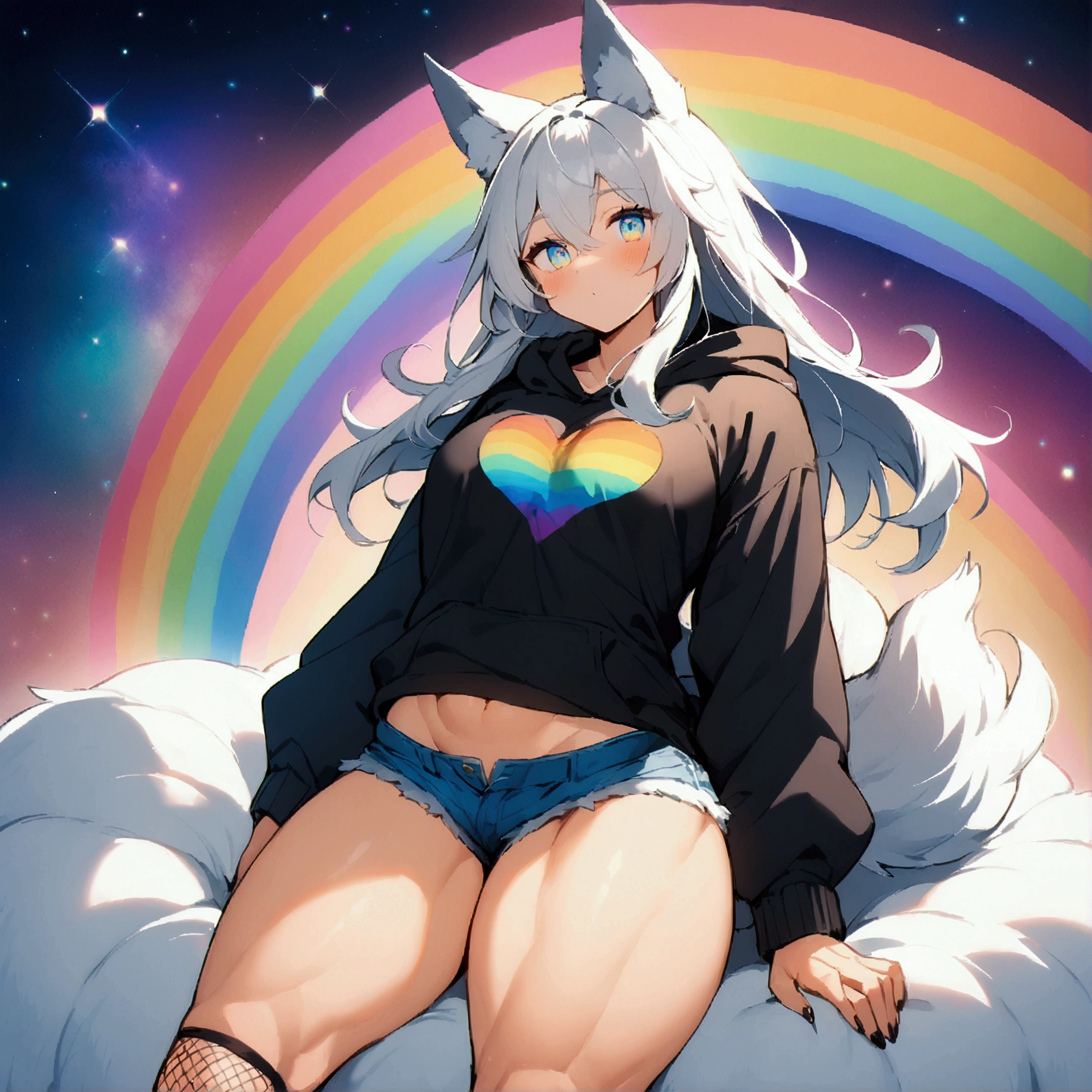 a cute adult male with wolf ears, long white hair, long locks, has a wolf tail, wearing a loose cropped black hoodie, wearing a pair of denim short shorts and fishnet stockings, thick thighs, wide hips, relaxing on mound of fluffy multi colored kawaii plushies, short, very slim, showing slender tummy, heart on hoodie, squishy thighs, has glowing blue eyes. alone, solo (ALONE)(SOLO), surrounded by rainbows, colorful galaxy backround,