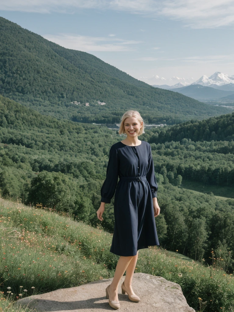 her name is Amelie, high quality, 1girl, ((25-year-old fit Caucasian woman)), ((25 years old)), ((SLIM)), ((Loose Chignon blonde hair)), smiling, pose: standing, wearing Refined Trendsetting Generation-Z modern wear elegant colored, BACKGROUND:  "Admiring the fairytale castle perched on a rugged hill, with panoramic views of the surrounding forest and mountains."