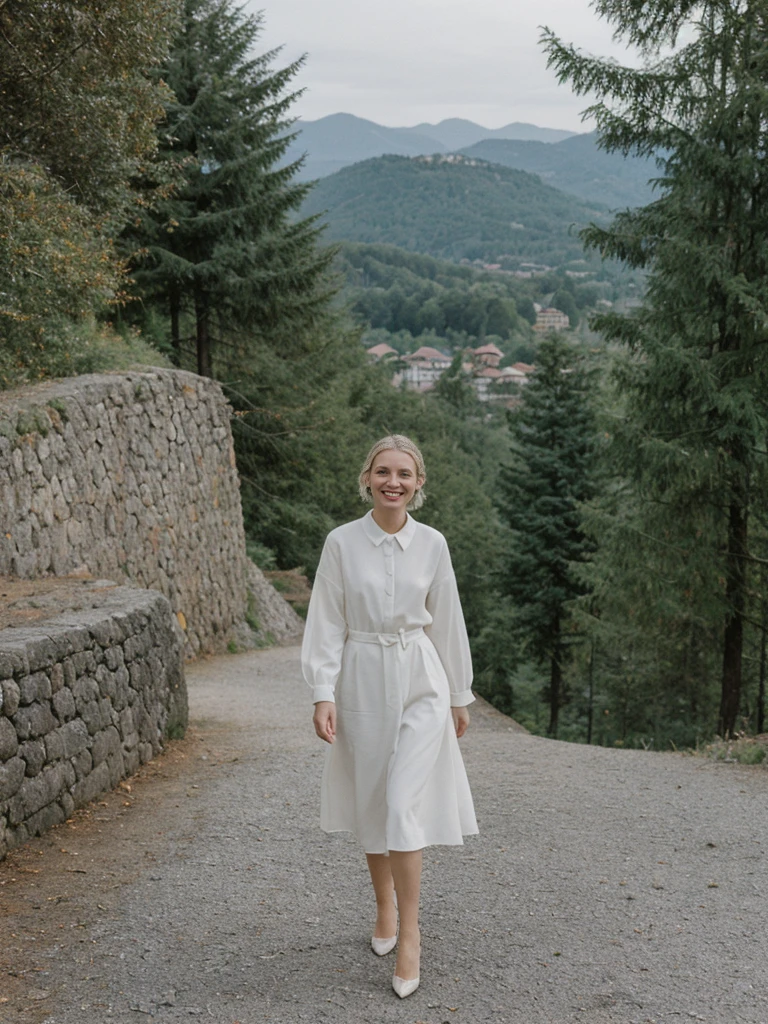 her name is Amelie, high quality, 1girl, ((25-year-old fit Caucasian woman)), ((25 years old)), ((SLIM)), ((Loose Chignon blonde hair)), smiling, pose: standing, wearing Refined Trendsetting Generation-Z modern wear elegant colored, BACKGROUND: "Admiring the fairytale castle perched on a rugged hill, with panoramic views of the surrounding forest and mountains."