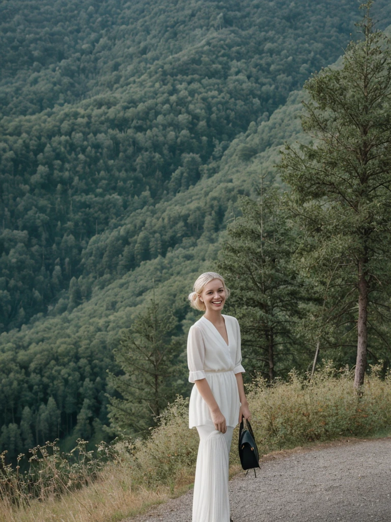 her name is Amelie, high quality, 1girl, ((25-year-old fit Caucasian woman)), ((25 years old)), ((SLIM)), ((Loose Chignon blonde hair)), smiling, pose: standing, wearing Refined Trendsetting Generation-Z modern wear elegant colored, BACKGROUND: "Admiring the fairytale castle perched on a rugged hill, with panoramic views of the surrounding forest and mountains."