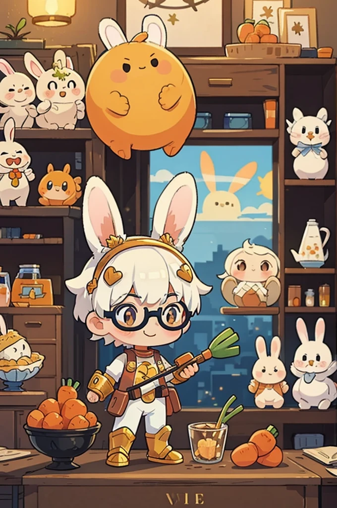 A boy with striking white hair、Rabbit ears and tail、Hair accessories、Golden armor、Siamese、Smile、Mechanical glasses and clothing、Holding a metal carrot