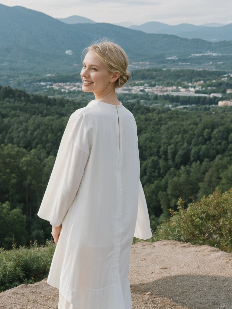 her name is Amelie, high quality, 1girl, ((25-year-old fit Caucasian woman)), ((25 years old)), ((SLIM)), ((Loose Chignon blonde hair)), smiling, pose: standing, wearing Refined Trendsetting Generation-Z modern wear elegant colored, BACKGROUND: "Admiring the fairytale castle perched on a rugged hill, with panoramic views of the surrounding forest and mountains."