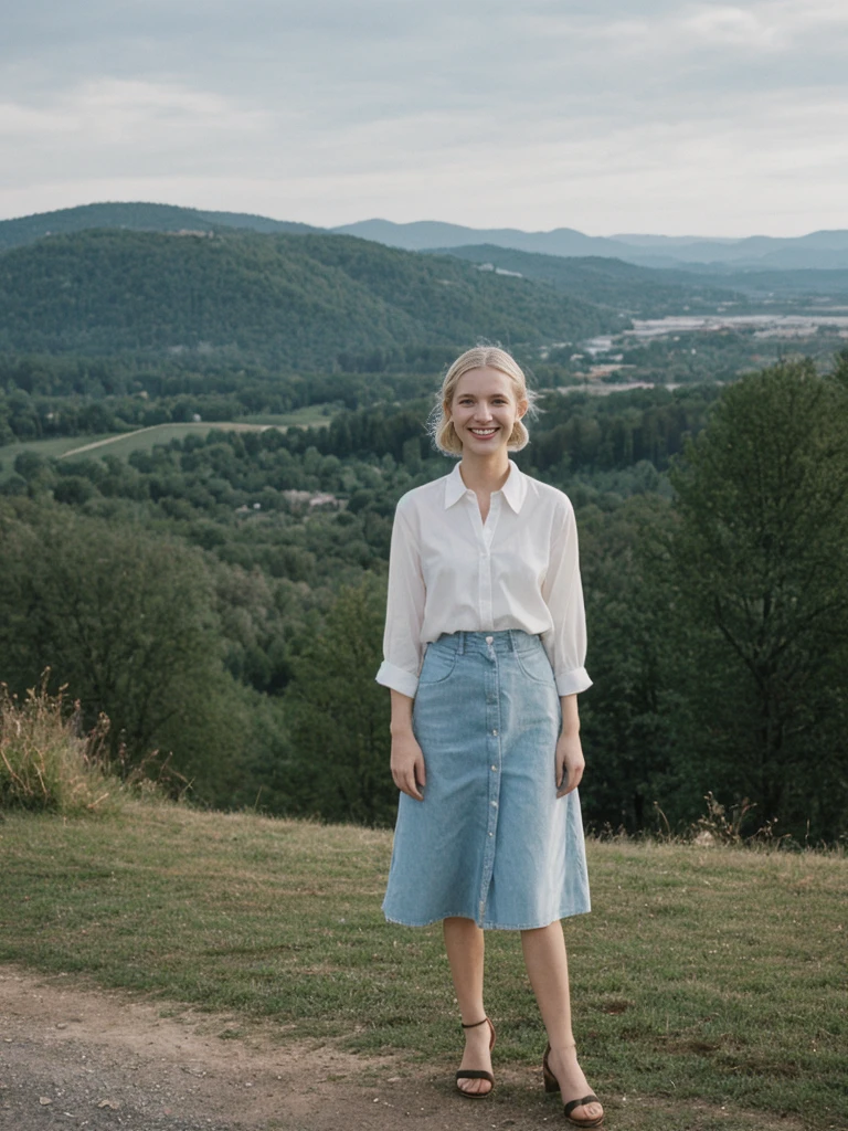her name is Amelie, high quality, 1girl, ((25-year-old fit Caucasian woman)), ((25 years old)), ((SLIM)), ((Loose Chignon blonde hair)), smiling, pose: standing, wearing Refined Trendsetting Generation-Z modern wear elegant colored, BACKGROUND:  "Admiring the fairytale castle perched on a rugged hill, with panoramic views of the surrounding forest and mountains."