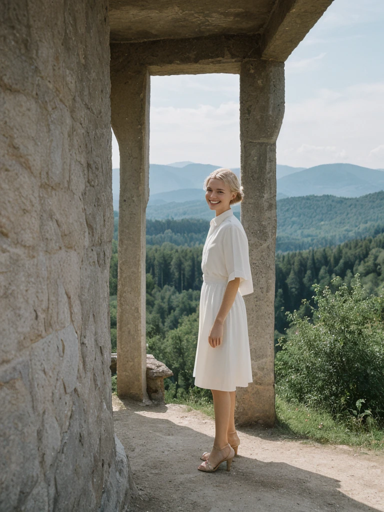 her name is Amelie, high quality, 1girl, ((25-year-old fit Caucasian woman)), ((25 years old)), ((SLIM)), ((Loose Chignon blonde hair)), smiling, pose: standing, wearing Refined Trendsetting Generation-Z modern wear elegant colored, BACKGROUND:  "Admiring the fairytale castle perched on a rugged hill, with panoramic views of the surrounding forest and mountains."