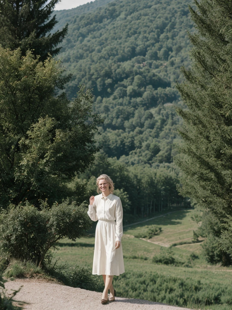 her name is Amelie, high quality, 1girl, ((25-year-old fit Caucasian woman)), ((25 years old)), ((SLIM)), ((Loose Chignon blonde hair)), smiling, pose: standing, wearing Refined Trendsetting Generation-Z modern wear elegant colored, BACKGROUND: "Admiring the fairytale castle perched on a rugged hill, with panoramic views of the surrounding forest and mountains."