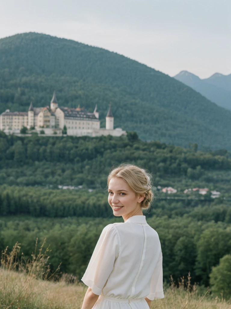 her name is Amelie, high quality, 1girl, ((25-year-old fit Caucasian woman)), ((25 years old)), ((SLIM)), ((Loose Chignon blonde hair)), smiling, pose: standing, wearing Refined Trendsetting Generation-Z modern wear elegant colored, BACKGROUND: "Admiring the fairytale castle perched on a rugged hill, with panoramic views of the surrounding forest and mountains."