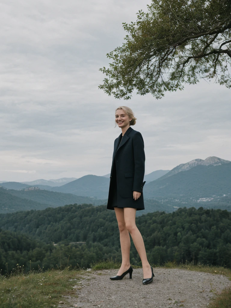 her name is Amelie, high quality, 1girl, ((25-year-old fit Caucasian woman)), ((25 years old)), ((SLIM)), ((Loose Chignon blonde hair)), smiling, pose: standing, wearing Refined Trendsetting Generation-Z modern wear elegant colored, BACKGROUND: "Admiring the fairytale castle perched on a rugged hill, with panoramic views of the surrounding forest and mountains."
