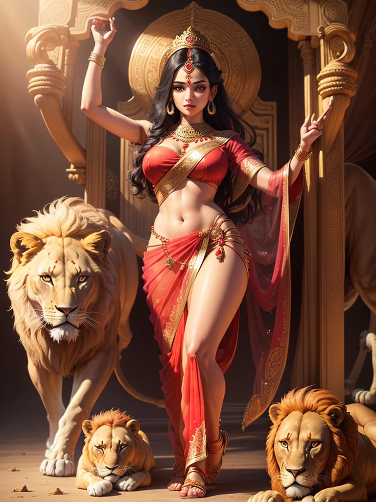 (Highly detailed), (Illustration), (Convoluted), (Beautiful face), (Attractive body), (Complete Body Picture), Modern Indian Goddess, (Transparent Red Sari), Dynamic Pose, God's Crown, (Lion Standing Nearby), Colorful, Eye-catching, Heavenly.