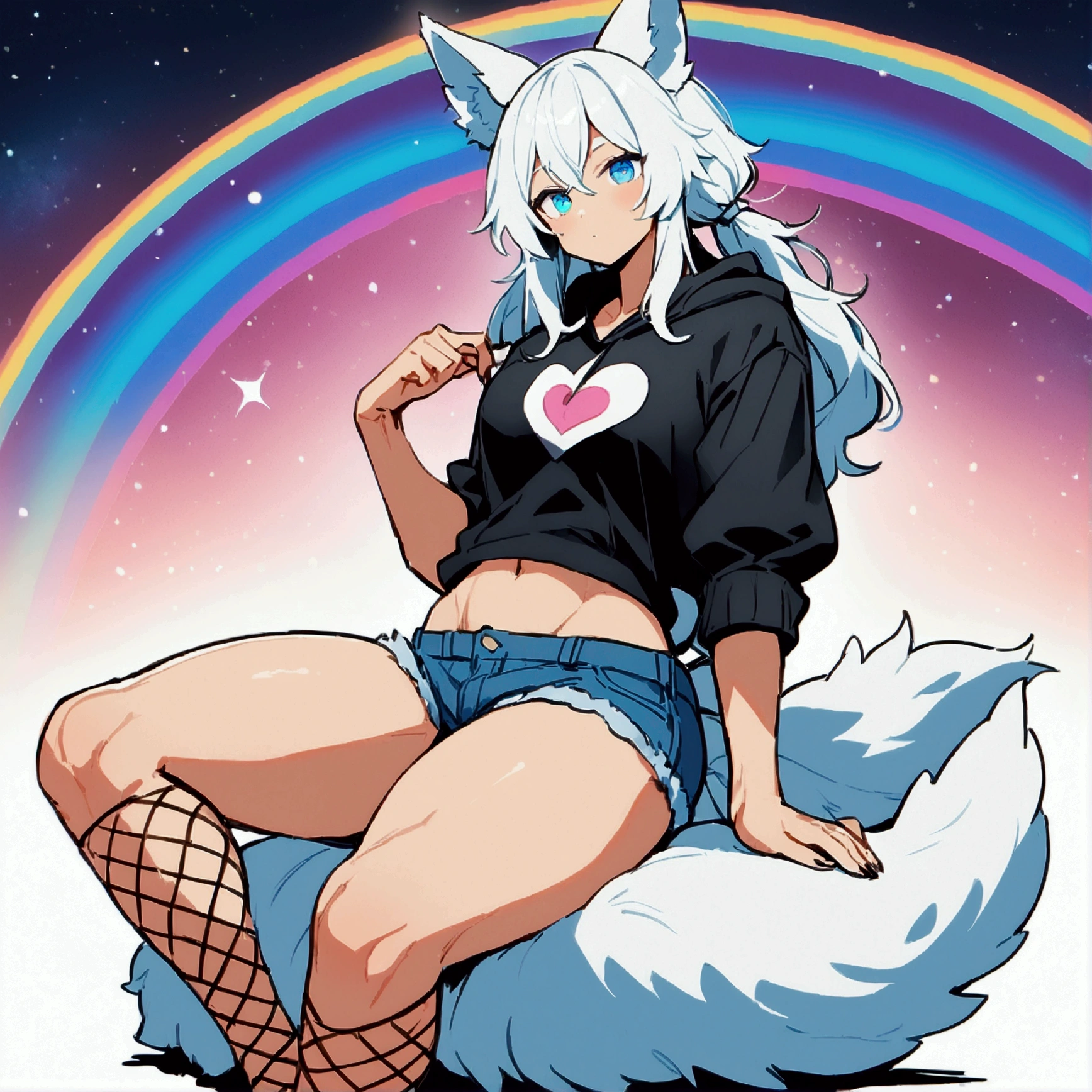 a cute adult male with wolf ears, long white hair, long locks, has a wolf tail, wearing a loose cropped black hoodie, wearing a pair of denim short shorts and fishnet stockings, thick thighs, wide hips, relaxing on mound of fluffy multi colored kawaii plushies, short, very slim, showing slender tummy, heart on hoodie, squishy thighs, has glowing blue eyes. alone, solo (ALONE)(SOLO), surrounded by rainbows, colorful galaxy backround,