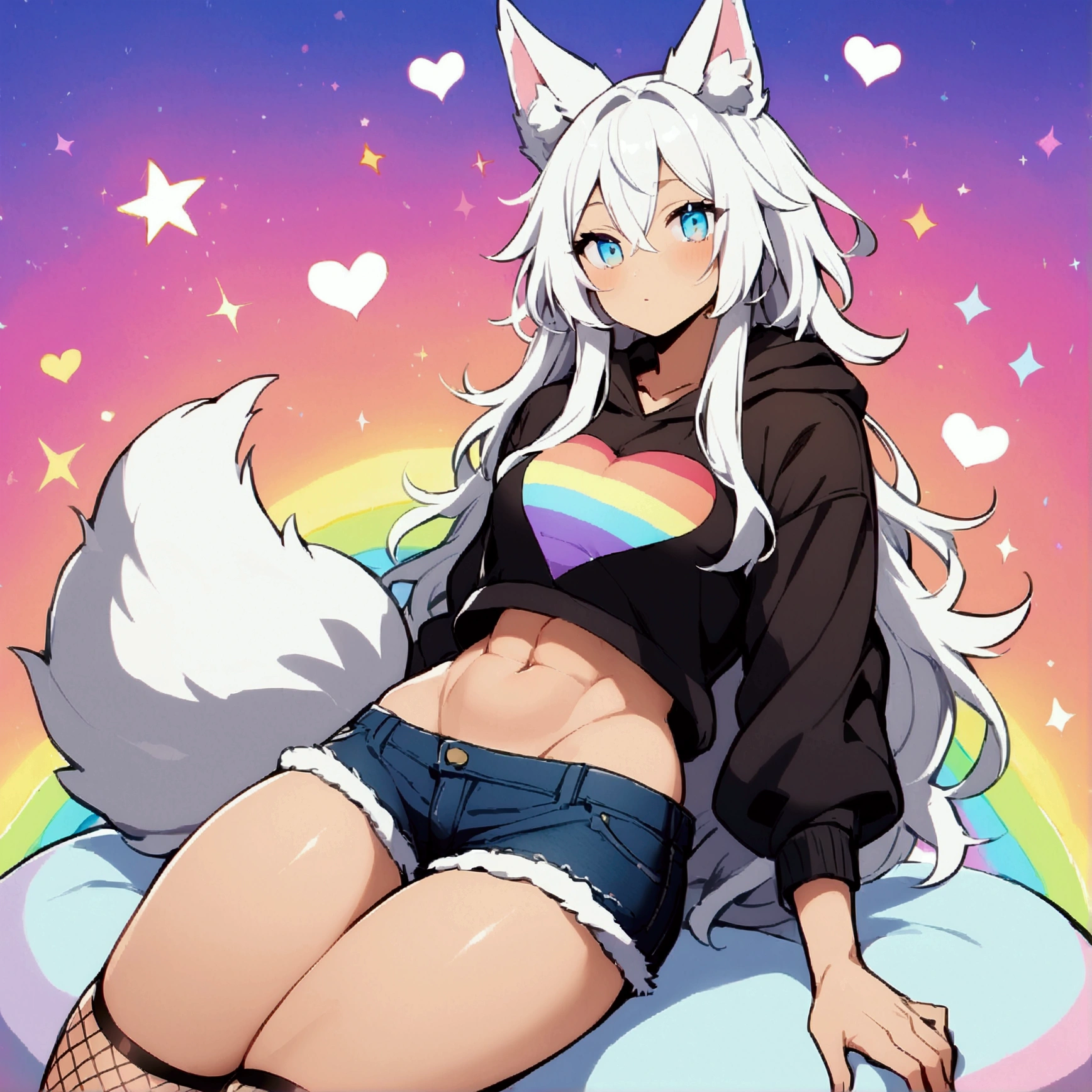 a cute adult male with wolf ears, long white hair, long locks, has a wolf tail, wearing a loose cropped black hoodie, wearing a pair of denim short shorts and fishnet stockings, thick thighs, wide hips, relaxing on mound of fluffy multi colored kawaii plushies, short, very slim, showing slender tummy, heart on hoodie, squishy thighs, has glowing blue eyes. alone, solo (ALONE)(SOLO), surrounded by rainbows, colorful galaxy backround,