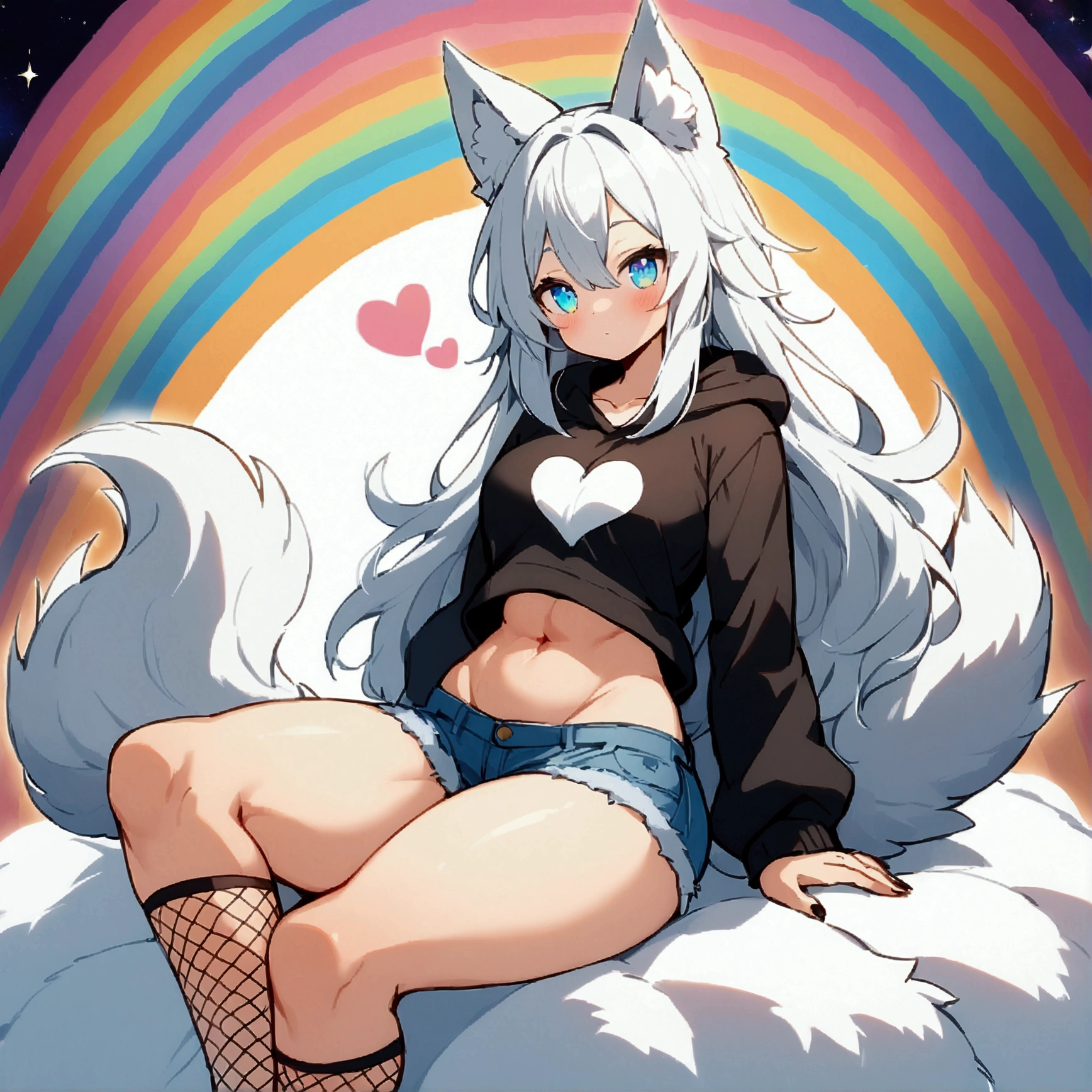 a cute adult male with wolf ears, long white hair, long locks, has a wolf tail, wearing a loose cropped black hoodie, wearing a pair of denim short shorts and fishnet stockings, thick thighs, wide hips, relaxing on mound of fluffy multi colored kawaii plushies, short, very slim, showing slender tummy, heart on hoodie, squishy thighs, has glowing blue eyes. alone, solo (ALONE)(SOLO), surrounded by rainbows, colorful galaxy backround,
