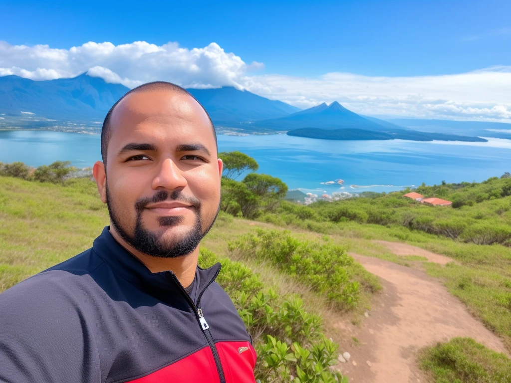 Homem de Arafed tirando uma selfie de uma vista da montanha com um lago ao fundo, com montanhas ao fundo, com montanhas no fundo, imagem do avatar, Michal, Directed by: Luis Miranda, Postagem no Reddit, imagem de perfil, paradise in the background, Nikolay, Henry Alvim Correa, com montanhas como pano de fundo, with a volcano in the background