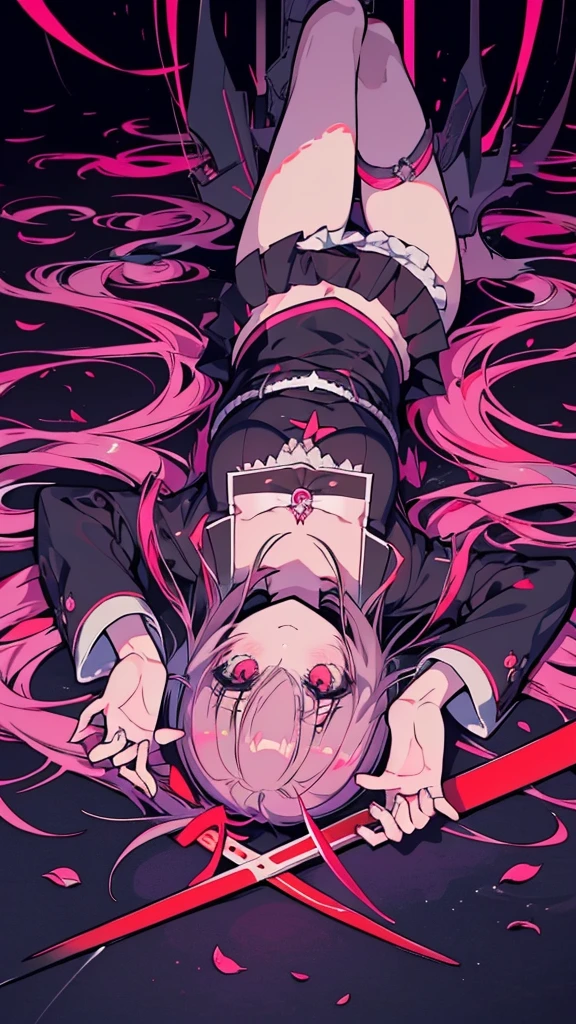Anime girl lying on the ground with her head up, gapmoe Yandere grimdark, anime style like fate/Stay Night, Danganronpa digital art, Yandere, gapmoe Yandere, by Kamisaka Sekka, Photo of a-1, Dark brown and vermilion, Burning, Promotional Art, Yandere. expensive
