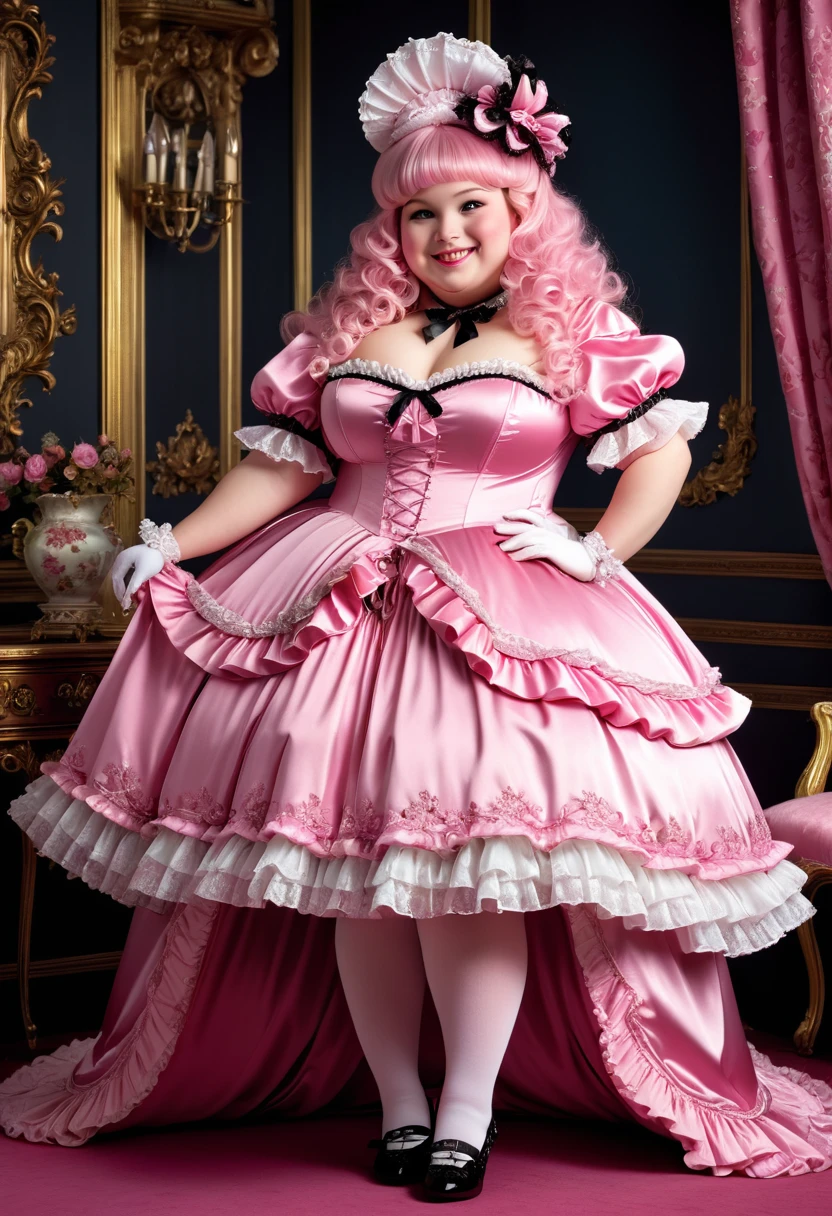  photorealistic portrait of Dressed animals-a ((fat)) ((pink)) princess,(furry), (elegant pose:1.5), (hands on hips:1.5),(smile:1.5),high quality,(),(lovely) ,intricate details, Wearing Gothic & ta pink dress , ( brim on head), highly detailed ((dress with  frills and ribbon)) ,highly detailed accessories, high sox , (happy), soft lighting,(full body image:2.0),in  Rococo style room background,,score_9, score_8_up, score_7_up, score_6_up, score_5_up, score_4_up,