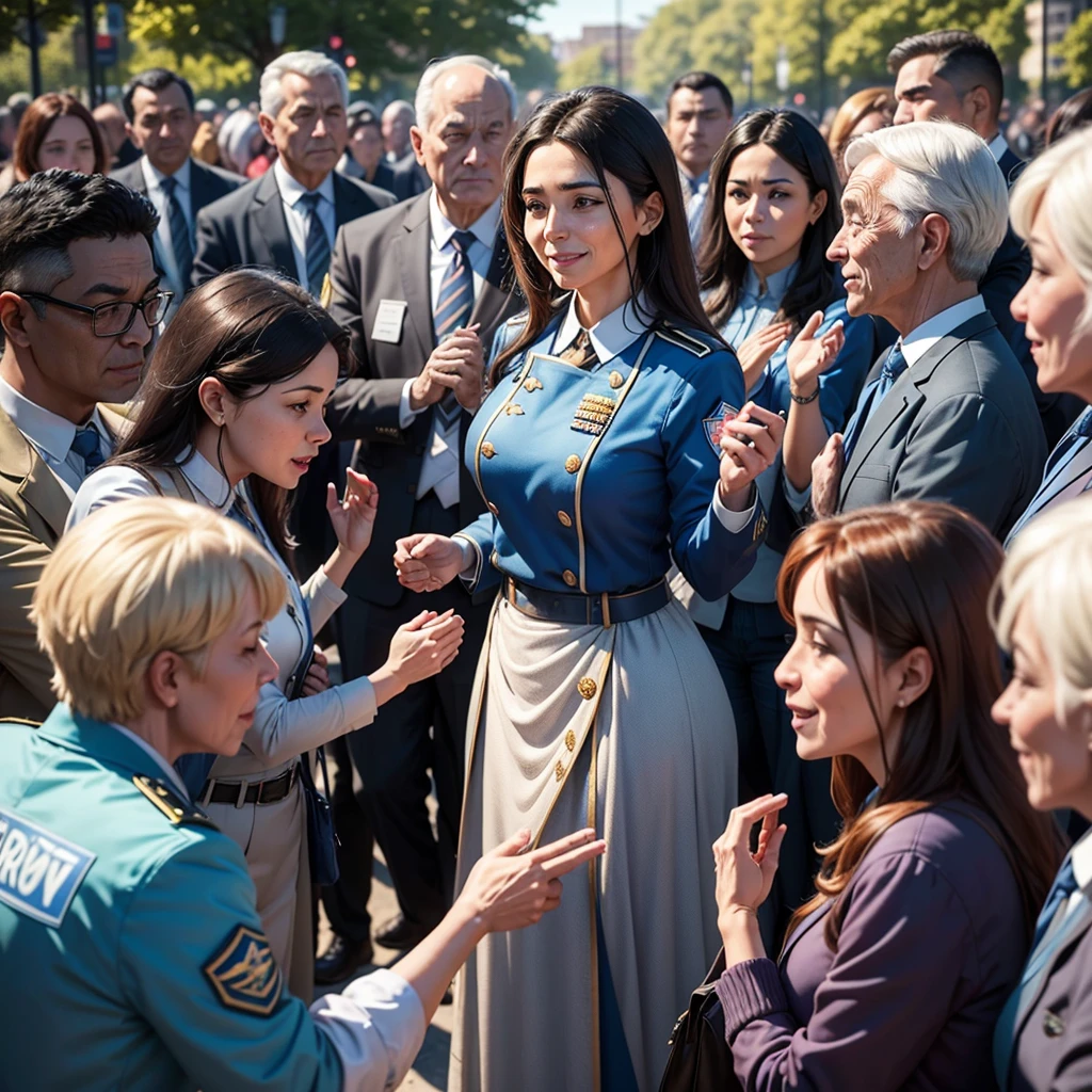A scene of a kind-hearted woman wearing a blue advocate uniform, surrounded by people who admire and respect her. She stands in the center, radiating warmth and compassion, with a gentle smile on her face. The background features a park with greenery and flowers, adding to the serene and uplifting atmosphere. People of various ages and backgrounds are gathered around her, some offering flowers, others clapping, and a few engaged in conversation with her, showcasing their admiration and gratitude.