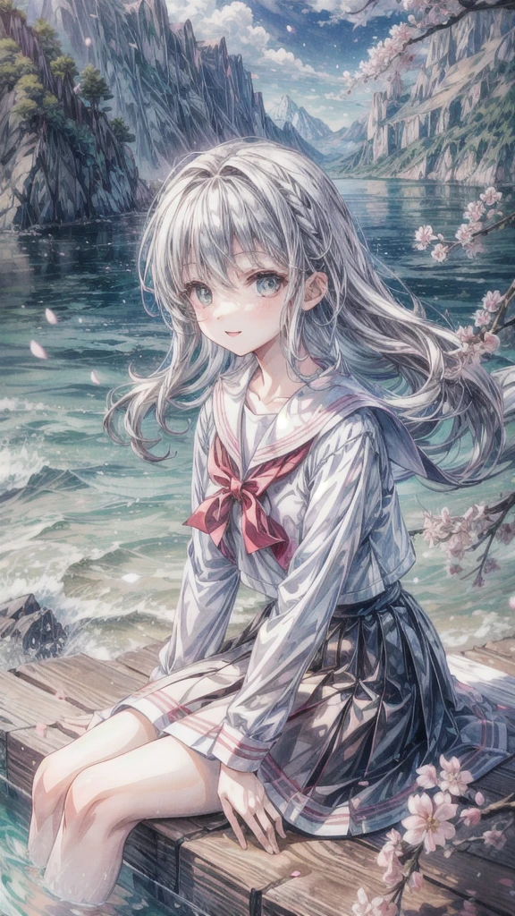 (masterpiece),  scenery,  mountainous horizon,  cherry blossoms,  petals,  light particles,  upper body,  1girl,  sailor,  wavy hair,  floating hair,  smile,  sitting,  open mouth,  light particles,  silver hair,  aqua eyes,  looking at viewer,  face focus