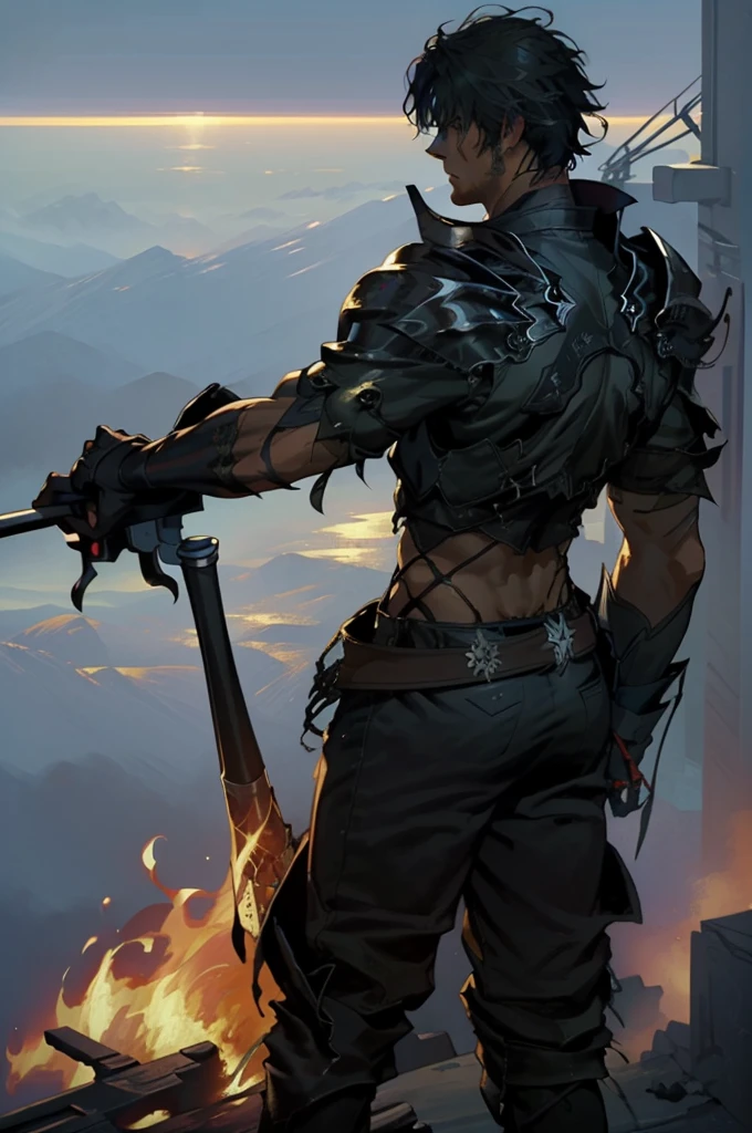 (absurdities, High Resolutions, ultra detailed, HDR), Masterpiece, The best quality, final fantasy xvi, clive rosfield, 1man only, handsome, short hair, black hair, vibrant blue eyes, fine eyes and detailed face, (((fire, llamas, To his back)) armor, ((Intricate weapon)). Final Fantasy, clive rosfield,, abs, badass pose, Anime boy with hands on head, Beautiful anime pose, Anime hombre handsome, anime male character, Badass Anime 8K, Detailed anime character art, HDR Anime MacManus Anime Concept, anime boy, Ikuto Yamashita, CG anime soft art, manga wallpaper 4k, inspired by Yamagata Hiro, anime wallaper