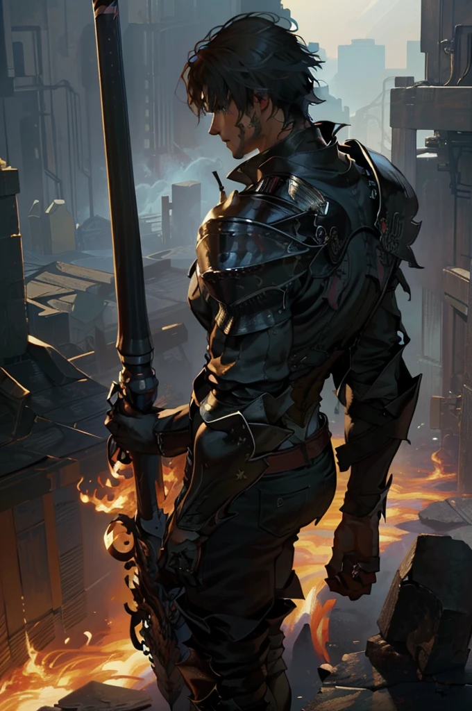 (absurdities, High Resolutions, ultra detailed, HDR), Masterpiece, The best quality, final fantasy xvi, clive rosfield, 1man only, handsome, short hair, black hair, vibrant blue eyes, fine eyes and detailed face, (((fire, llamas, To his back)) armor, ((Intricate weapon)). Final Fantasy, clive rosfield,, abs, badass pose, Anime boy with hands on head, Beautiful anime pose, Anime hombre handsome, anime male character, Badass Anime 8K, Detailed anime character art, HDR Anime MacManus Anime Concept, anime boy, Ikuto Yamashita, CG anime soft art, manga wallpaper 4k, inspired by Yamagata Hiro, anime wallaper
