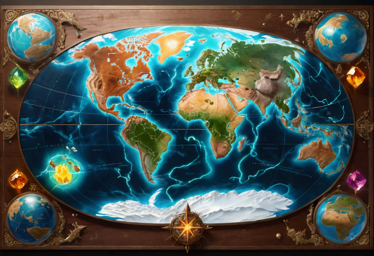 a detailed intricate world map, composed of different elemental materials, (best quality,4k,8k,highres,masterpiece:1.2),ultra-detailed,fantasy,volumetric lighting,sweeping vistas,wind effects,lightning,electricity,fire,ice,gems,metals,wood textures