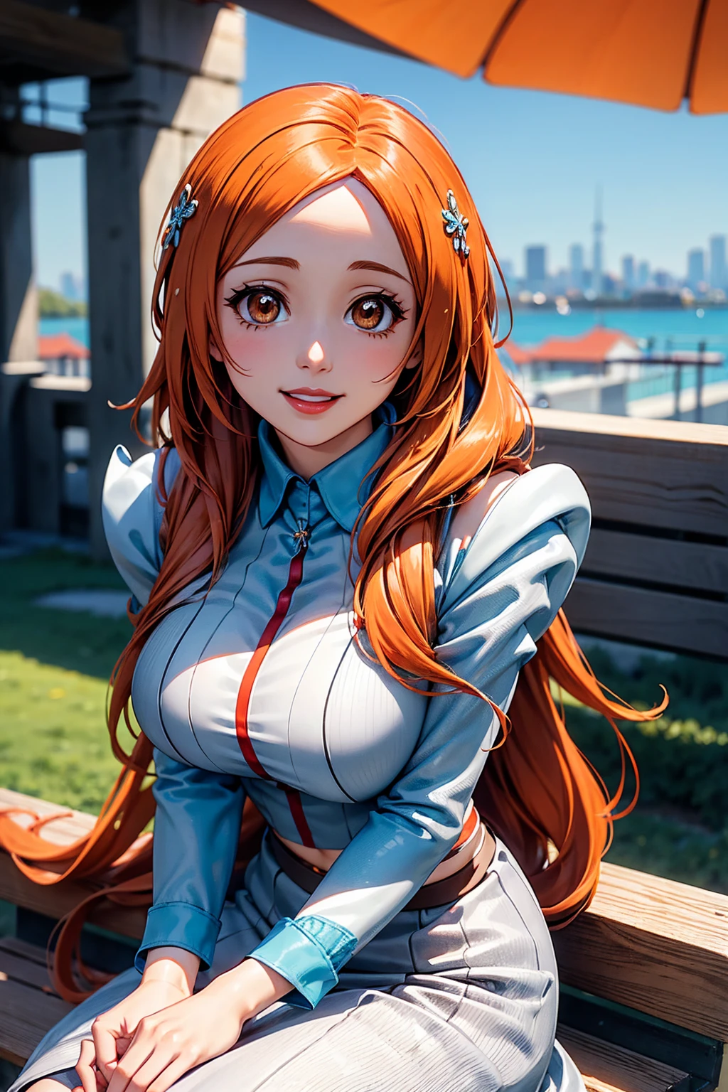 rich in detail:1.5, high resolution, Natural strokes and colors, natural lighting, face detailed, detailed hair, eye detailed, detailed nose, detailed lips. an adult and beautiful girl:1.9, wearing a dress, with red lips, sitting on a bench, city with beautiful sun, with long orange hair, e com um sorriso orihime inoue.