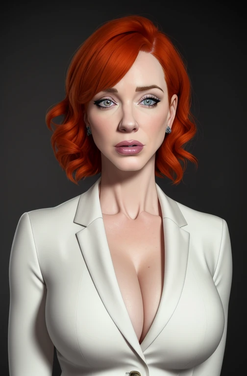 high quality,resolution:8k,realistic,Christina Hendricks,48 year old woman,orange hair,short hair,beautiful detailed eyes,beautiful detailed lips,white suit,pencil skirt,high heels,vivid colors,portraits,studio lighting