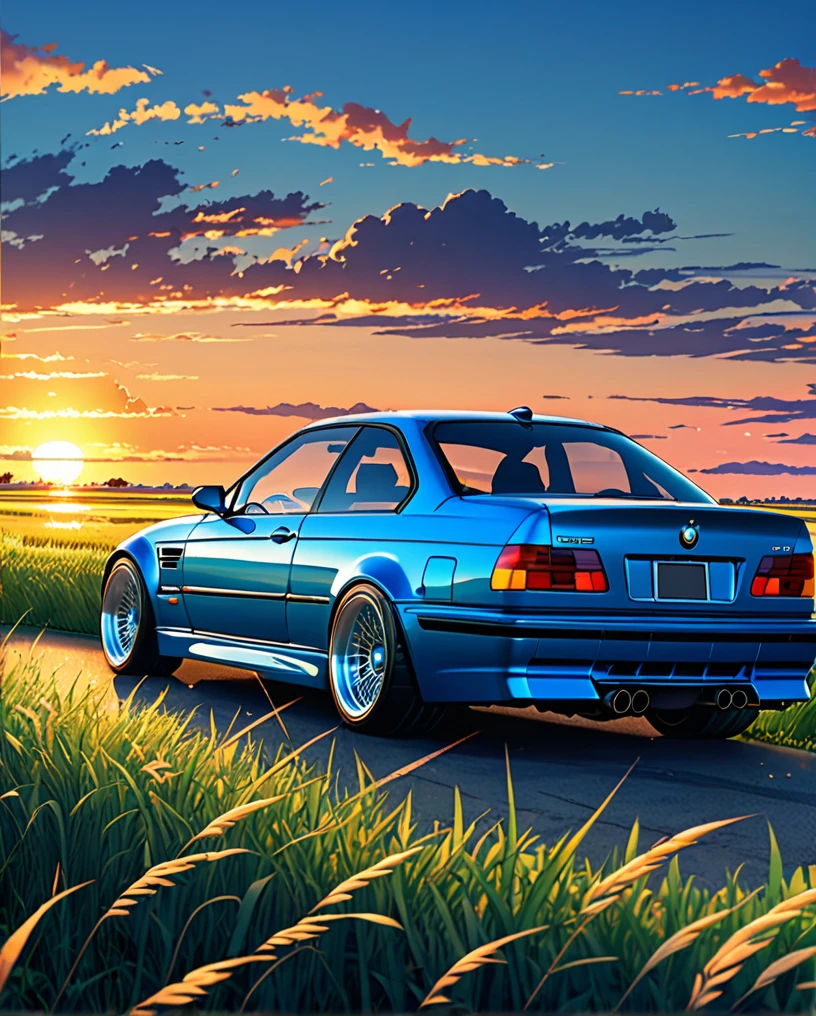 A classic BMW M3 E36 sports car in ABS blue、Anime scenery of a girl sitting in tall grass with a sunset in the background.Beautiful anime scene, Beautiful anime peace scenes, Makoto Shinkai Cyril Rolland, Beautiful anime scene, Awesome Wallpapers, Anime Art Wallpapers 8K, Anime Background, artistic Anime Background, anime wallpaper 4k, Anime Art 4K Wallpaper, Anime Wallpaper Art 4k,