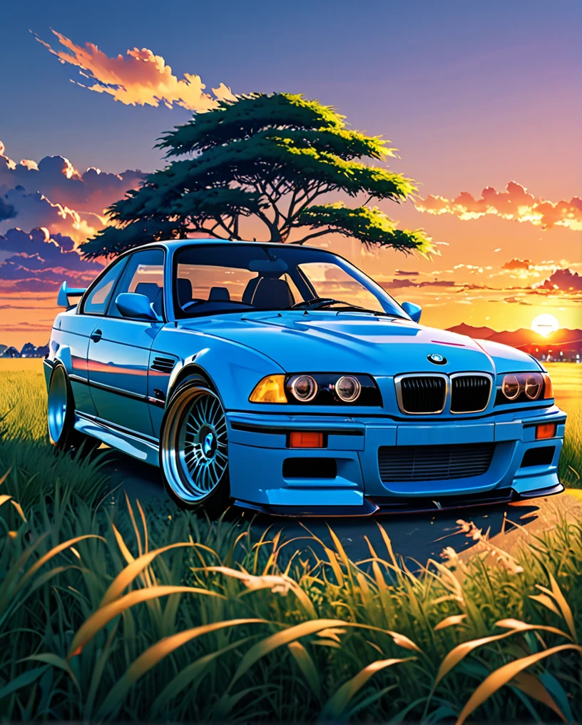 A classic BMW M3 E36 sports car in ABS blue、Anime scenery of a girl sitting in tall grass with a sunset in the background.Beautiful anime scene, Beautiful anime peace scenes, Makoto Shinkai Cyril Rolland, Beautiful anime scene, Awesome Wallpapers, Anime Art Wallpapers 8K, Anime Background, artistic Anime Background, anime wallpaper 4k, Anime Art 4K Wallpaper, Anime Wallpaper Art 4k,