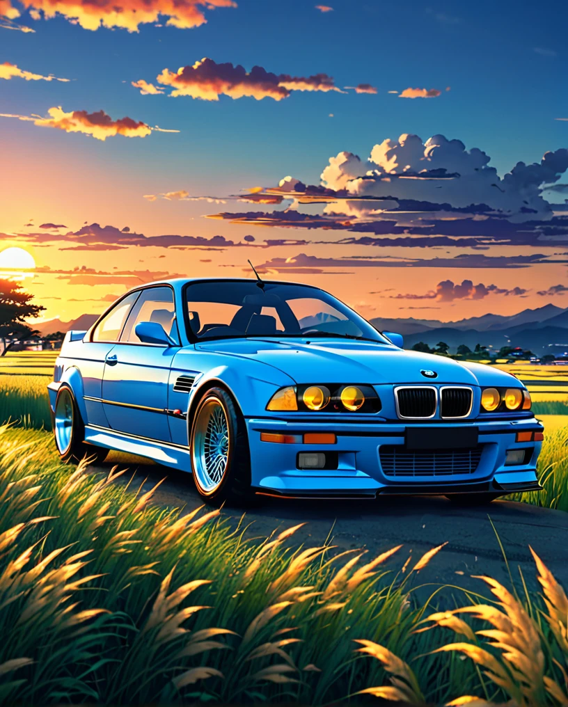 A classic BMW M3 E36 sports car in ABS blue、Anime scenery of a girl sitting in tall grass with a sunset in the background.Beautiful anime scene, Beautiful anime peace scenes, Makoto Shinkai Cyril Rolland, Beautiful anime scene, Awesome Wallpapers, Anime Art Wallpapers 8K, Anime Background, artistic Anime Background, anime wallpaper 4k, Anime Art 4K Wallpaper, Anime Wallpaper Art 4k,