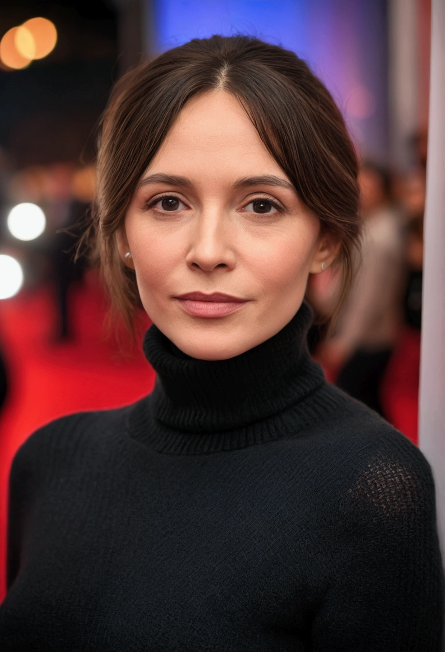 a photo of (m1l4n4v4yntrub:0.99), a one woman (Wearing a turtleneck sweater), at a movie premiere event, standing on the red carpet, (facefocus:1.2), (work of art:1.2), (photorrealistic:1.2), (bokeh), (best qualityer), (skin detailed:1.2), (details Intricate), (8k), (HDR), (cinematic lighting), (sharp focus), (close up:1.4)