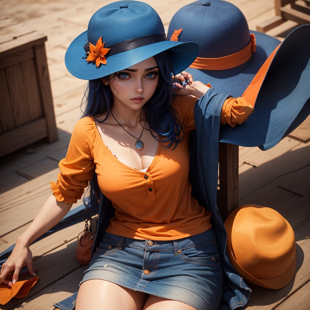 Free fire co. Blue hat with mascara in hand and orange sharigam eye blouse. Free fire game man