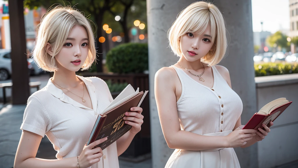 Curly Bob Hairstyle, Platinum blonde haired woman in orange collared shirt posing for photo in the city, 8K Artgerm bokeh, Well-proportioned body, Beautiful Korean woman, Gorgeous necklace, Young beautiful Korean woman, Soft portrait shots 8 k, Korean Girl, Narrow eyes, Beautiful grey eyes, Chen 8K, Cute young woman, Korean woman, Beautiful blonde girl, reading book