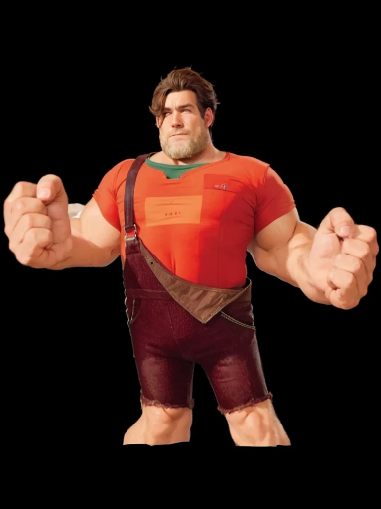 a strong man, with broken brown hair, with red shirt, with brown jumpsuit