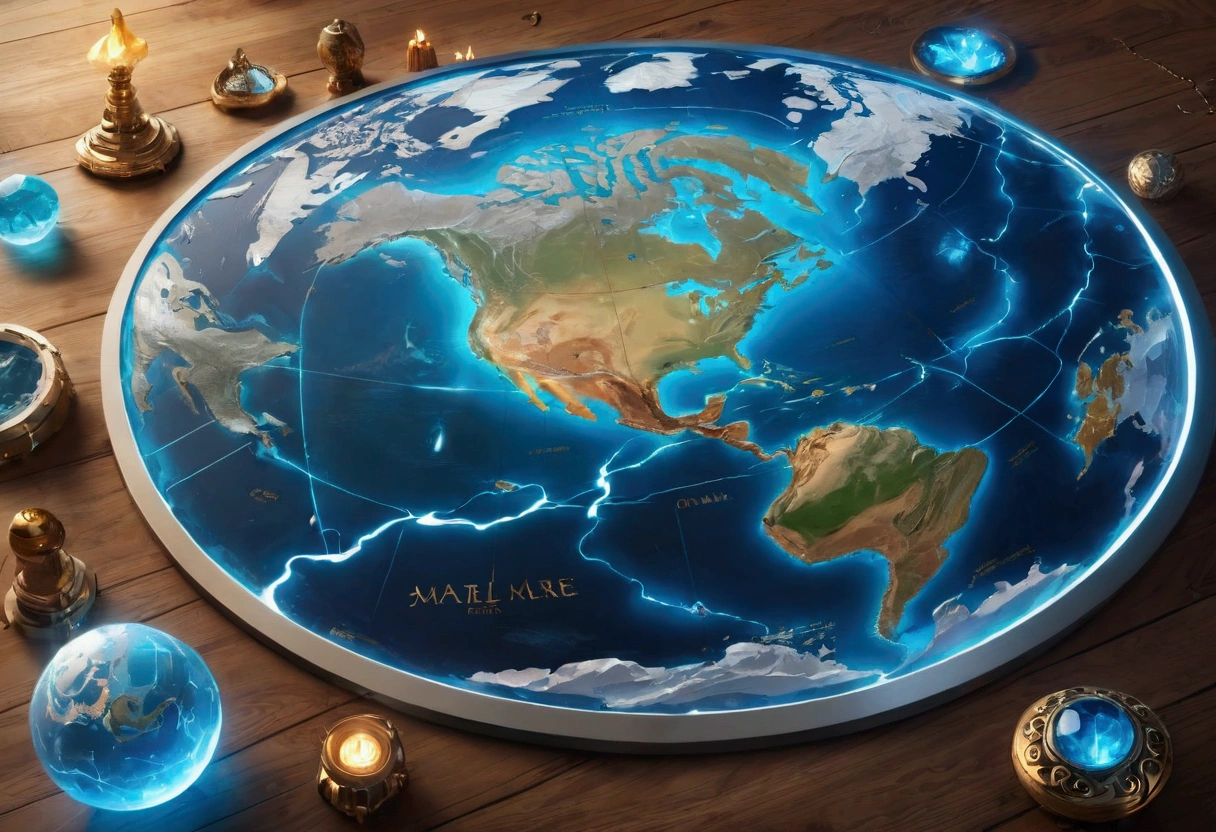 A detailed and complex map of the world，Composed of different elemental materials（Best quality，4K，8k，high resolution，masterpiece：1.2），Ultra Detail，fantasy，Volumetric Lighting，panoramic，Wind effect，闪electricity，electricity，fire，ice，gem，Metal，Wood texture