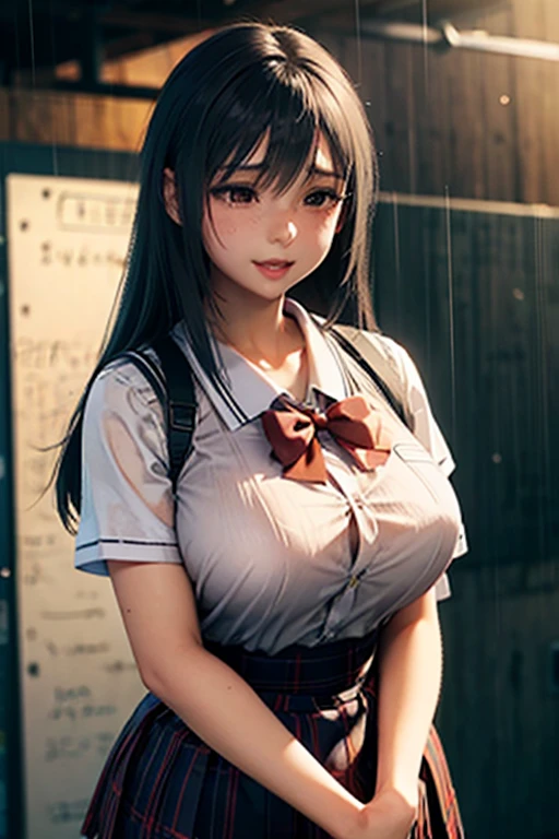 school girl uniform , steam , rain , plaid skirt , pleated skirt , The shirt is tight. , white shirt , school girl , red bow , red knot , highly detailed photo of Tifa Lockhart posing, final fantasy 7 remake, red eyes
