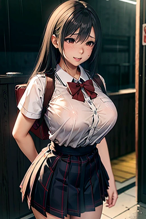 school girl uniform , steam , rain , plaid skirt , pleated skirt , The shirt is tight. , white shirt , school girl , red bow , red knot 