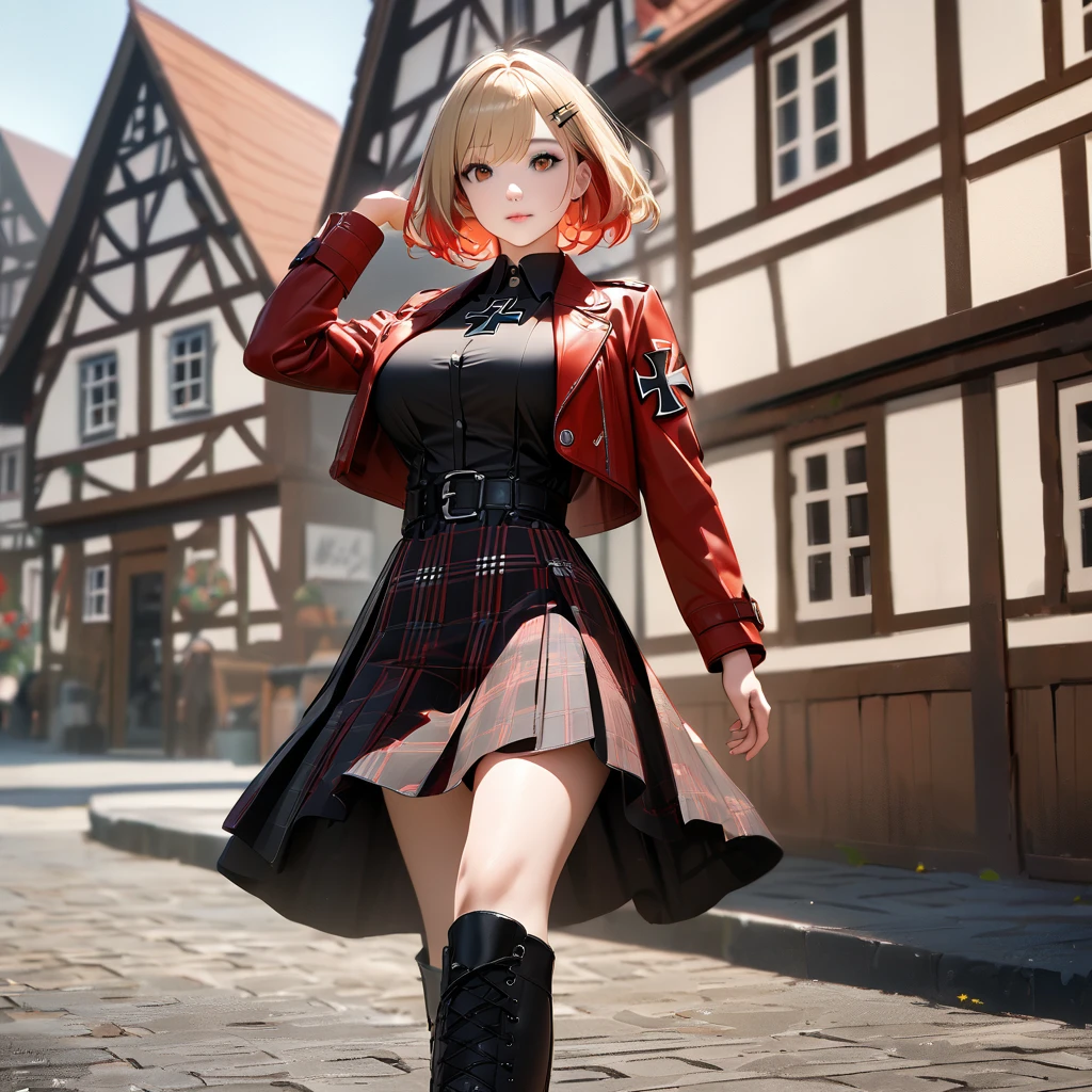 A woman wearing a long-sleeved red jacket, black shirt, wearing a plaid skirt with red and black colors, leather boots, blonde hair, short hair, red bangs, big breasts, multicolored hair, brown eyes, perfect face, perfect eyes, lips perfect, walking on a sidewalk in a traditional German town, traditional German houses, standing posture, iron cross clip in hair,UHD , prime work , accurate , anatomically correct , textured skin , super details , high quality , best quality, 8k, high resolution, bokeh effect. (woman solo), realistic, close view
