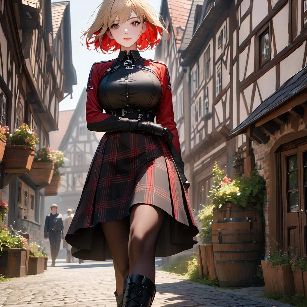 A woman wearing a long-sleeved red jacket, black shirt, wearing a plaid skirt with red and black colors, leather boots, blonde hair, short hair, red bangs, big breasts, multicolored hair, brown eyes, perfect face, perfect eyes, lips perfect, walking on a sidewalk in a traditional German town, traditional German houses, standing posture, iron cross clip in hair,UHD , prime work , accurate , anatomically correct , textured skin , super details , high quality , best quality, 8k, high resolution, bokeh effect. (woman solo), realistic, close view
