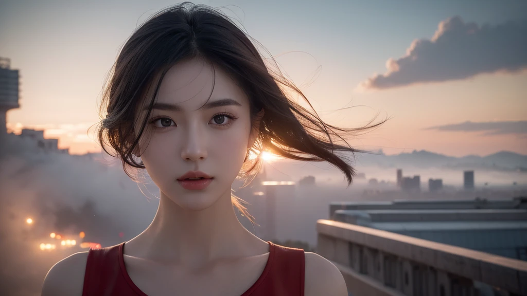 (1 Girl:1.3), Solitary, (((Very Delicate face)))), ((The eyes and face are very detailed)))), Beautiful eye details, body parts__, official art, unified 8k wallpaper, Ultra Detailed, fair and fair, fair, masterpiece, best quality, The original, masterpiece, Ultra-detailed photos, best quality, Ultra-high resolution, realism, Sunlight, Full body portrait, Stunning beauty, Dynamic poses, Delicate face, Vibrant eyes, (From the front), She wears red, Red and black color scheme, , Overlooking the city, Delicate face, Gorgeous, milky, Very delicate skin, Realistic skin details, Visible pores, Be focused, Volumetric Fog, 8K Ultra HD, DSLR camera, high quality, Film Grain, White skin, Photorealism, Rama Photography, Future dystopian metropolis, translucent