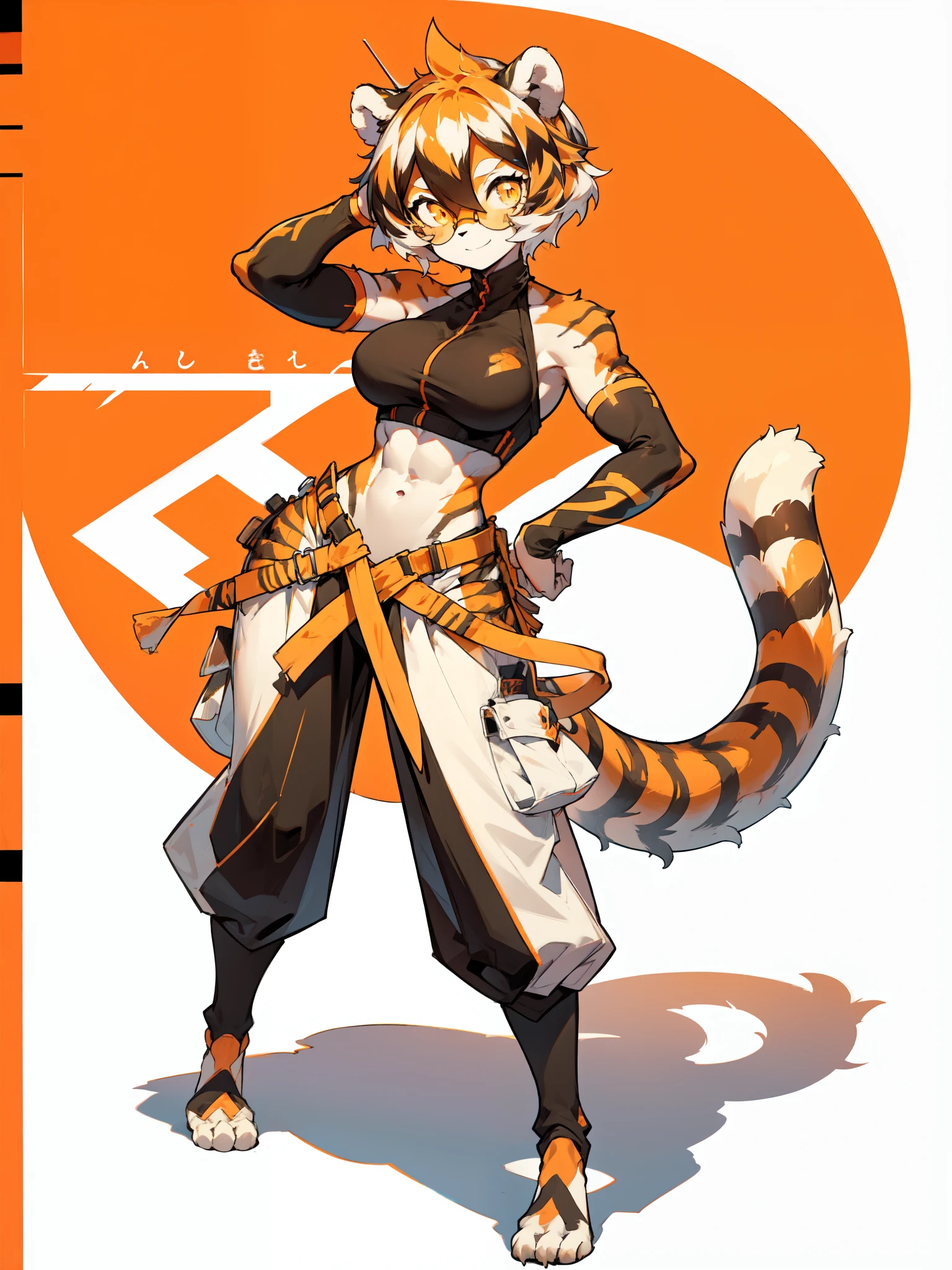 white background, full body,1girl，solo, Standing:1.5, animal ears, white hair, black hair, short hair, large breasts, Abdominal muscles,, tail, orange eyes, orange hair, multicolored hair, tiger girl, hair between eyes, tiger_ears, tiger_tail, orange-tinted_eyewear, tinted_eyewear, big breasts, evil smile, Shadows under feet,((( outfit:1.2))),