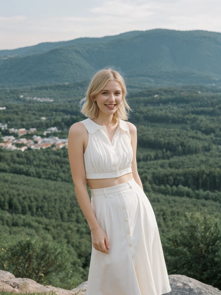 her name is Amelie, high quality, 1girl, ((25-year-old fit Caucasian woman)), ((25 years old)), ((SLIM)), ((Loose Chignon blonde hair)), smiling, pose: standing, wearing Refined Trendsetting Generation-Z modern wear pastel colored, BACKGROUND: "Admiring the fairytale castle perched on a rugged hill, with panoramic views of the surrounding forest and mountains."