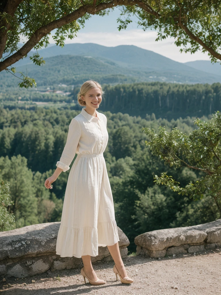 her name is Amelie, high quality, 1girl, ((25-year-old fit Caucasian woman)), ((25 years old)), ((SLIM)), ((Loose Chignon blonde hair)), smiling, pose: standing, wearing Refined Trendsetting Generation-Z modern wear pastel colored, BACKGROUND:  "Admiring the fairytale castle perched on a rugged hill, with panoramic views of the surrounding forest and mountains."