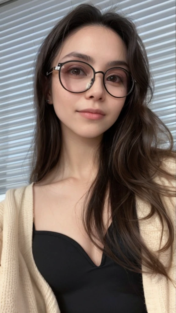photo of a   woman with black rim glasses