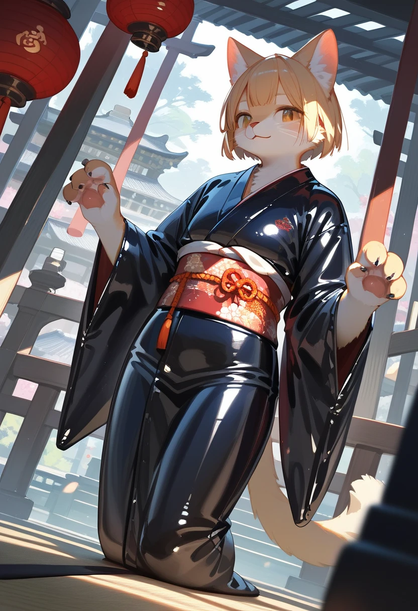 Highest quality, Highest quality, High quality illustrations, masterpiece, Ultra-high resolution, Detailed Background, Kyoto, Absurd, Perfect Anatomy, performance, Good lighting, Shadows in the movies(kemono, Furry PersonifiCation), Cat, kimono, latex, rubber, Dynamic Angle