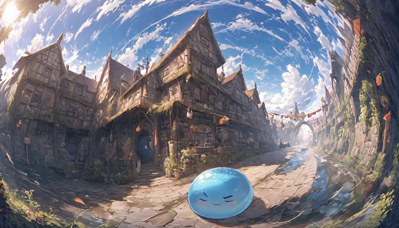 A small swordsman riding a blue slime, Dungeons、Clear blue sky、adventure、Fisheye Lens、SLR、Feel the depth