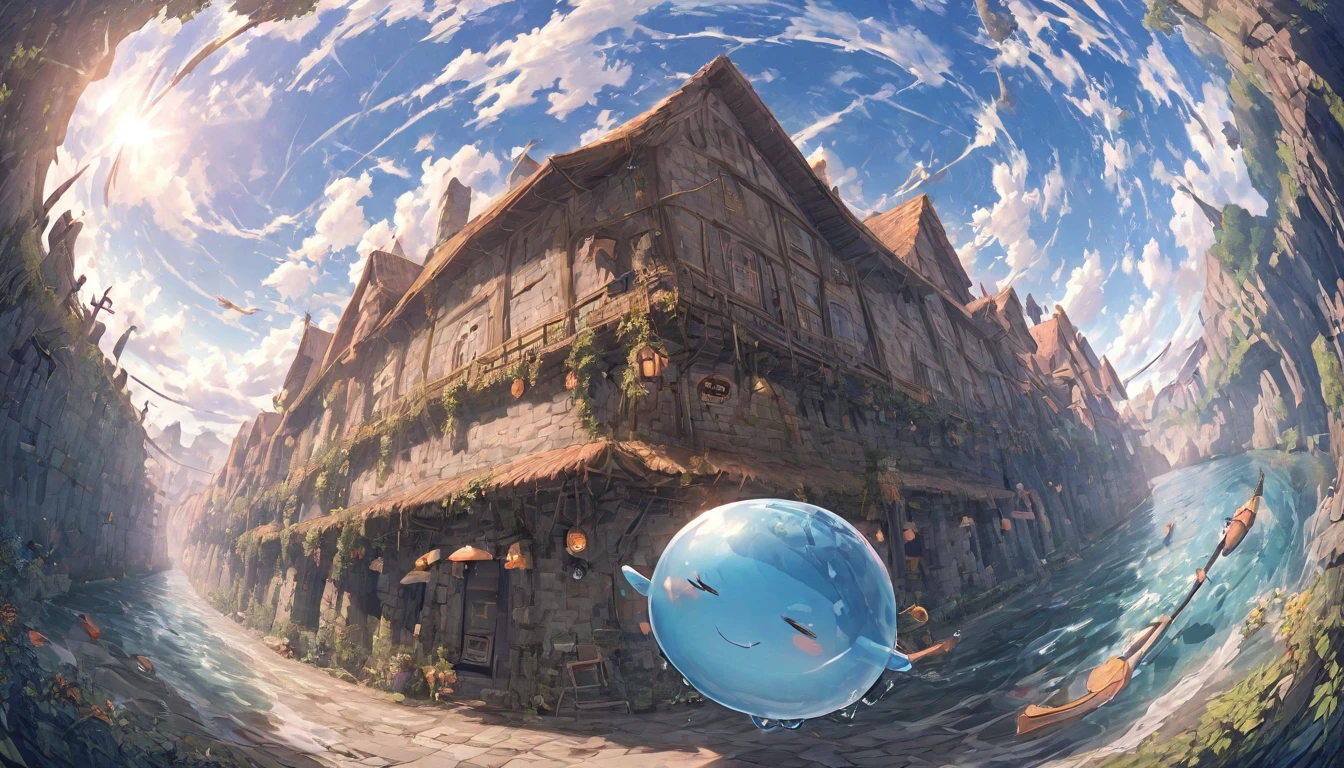 A small swordsman riding a blue slime, Dungeons、Clear blue sky、adventure、Fisheye Lens、SLR、Feel the depth