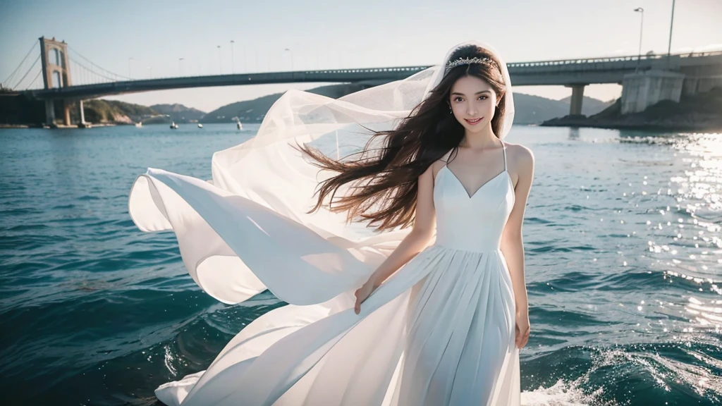 A woman with a beautiful, symmetrical face, hair blowing in the wind (brown hair) calm smile G-cup breasts wearing a white dress (white evening dress) (White veil on her head ) There is a big and long bridge. The blue sea stretches under the bridge and a car is passing by a koream woman