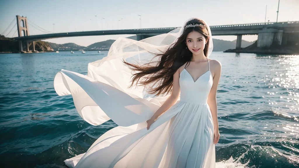 A woman with a beautiful, symmetrical face, hair blowing in the wind (brown hair) calm smile G-cup breasts wearing a white dress (white evening dress) (White veil on her head ) There is a big and long bridge. The blue sea stretches under the bridge and a car is passing by a koream woman