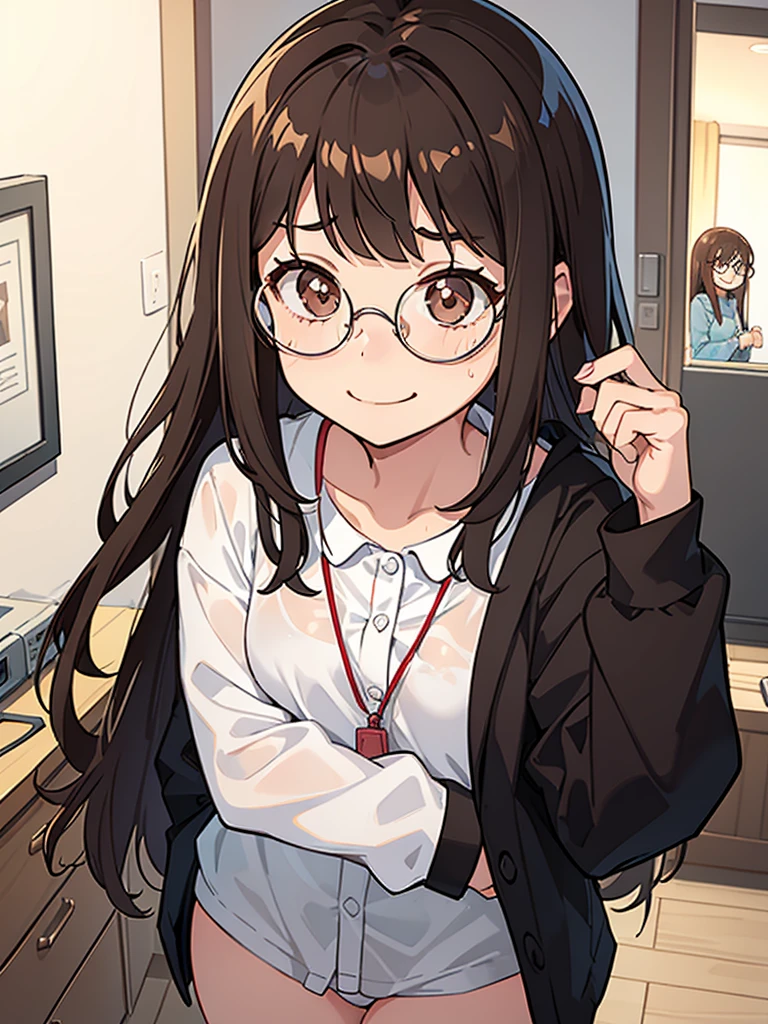 1 girl, medium construction, (((completely alone))), ((round glasses)), long brown hair, blunt bangs, Brown eyes, (((perverted smile: 1.2))), sexy look, modern, (((contemporary))), room background, panties, pajamas, (((very embarrassed))), (Pov), (vibrator:1.3)