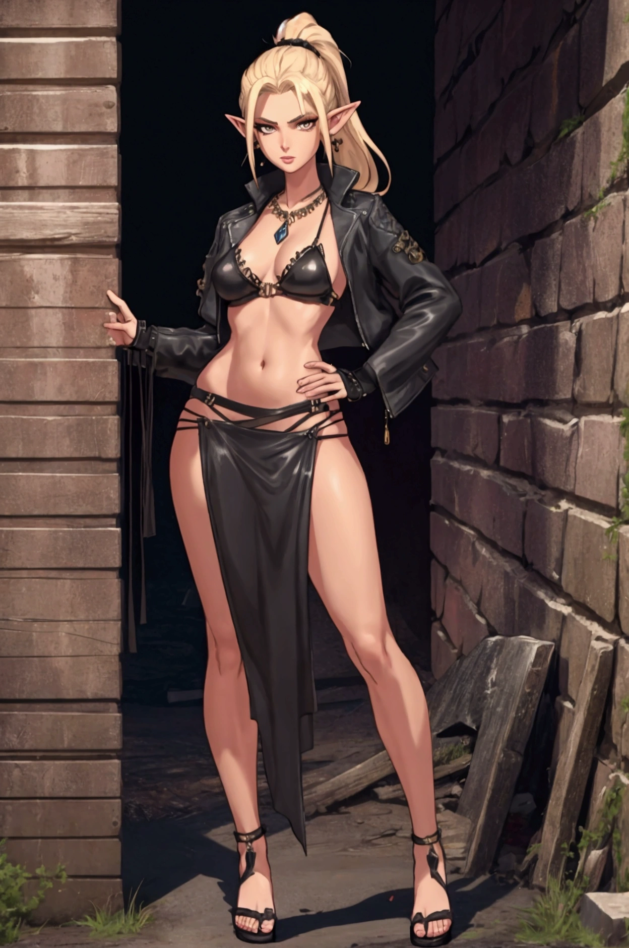 8K, Top Quality, Intricate Details, Ultra Detail, Ultra High Resolution, Masterpiece, full body, Very tall, dark skinned female elf; slender, blonde hairs and incredible long ponytail; strong makeup; brown eyes; small pointy breast; sensual midriff; wearing superhighplatform sandals, desert abandoned city, jewelery, necklace, earrings, black bikini top, short leather jacket, thongs with a lot of strings, leather skirt, long fingernails; gloves, rings, best quality, expressive eyes, perfect face, masterpiece, slim body, very long legs, detailed stomach, detailed hips, detailed legs, carefully drawn toes, carefully drawn feet, carefully drawn hands, best quality, drawn with careful, Dynamic Angle, Highly detailed, seductive eyes, NTR