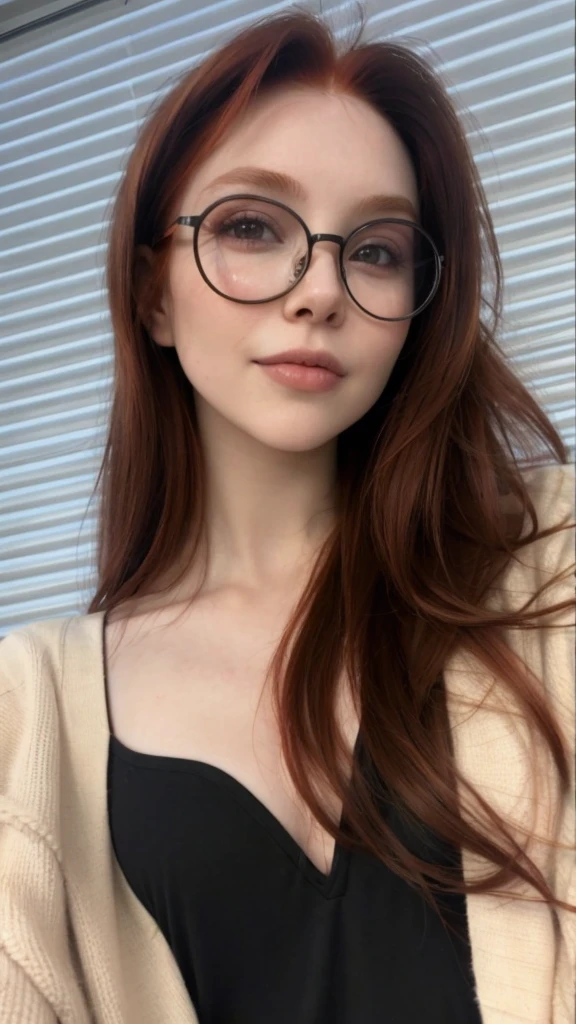photo of a redhead woman with black rim glasses